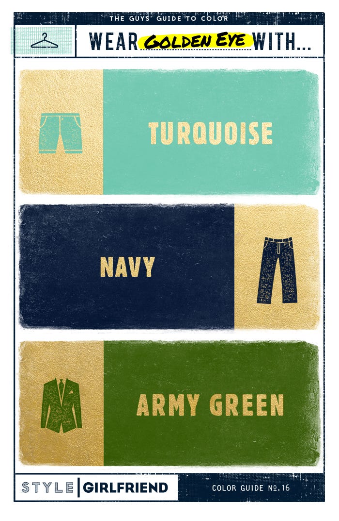 gold, olive, turquoise, navy, color pairing, menswear