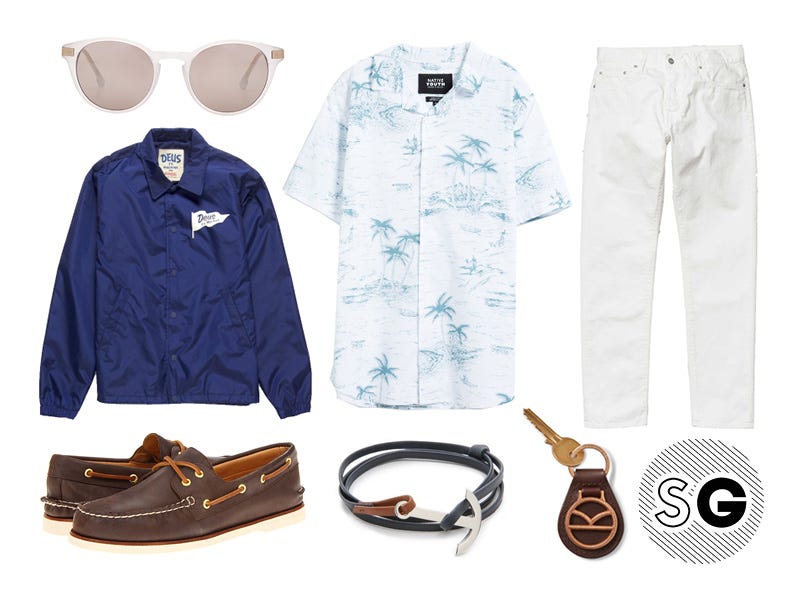 white, deus ex machina, white jeans, boat shoes, sperry topsider