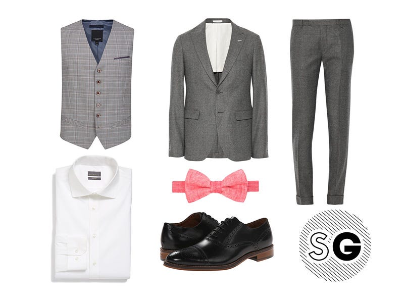 grey suit pink shirt brown shoes