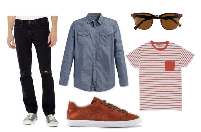 chambray, levi's, distressed denim, striped shirt, sneakers, sunnies