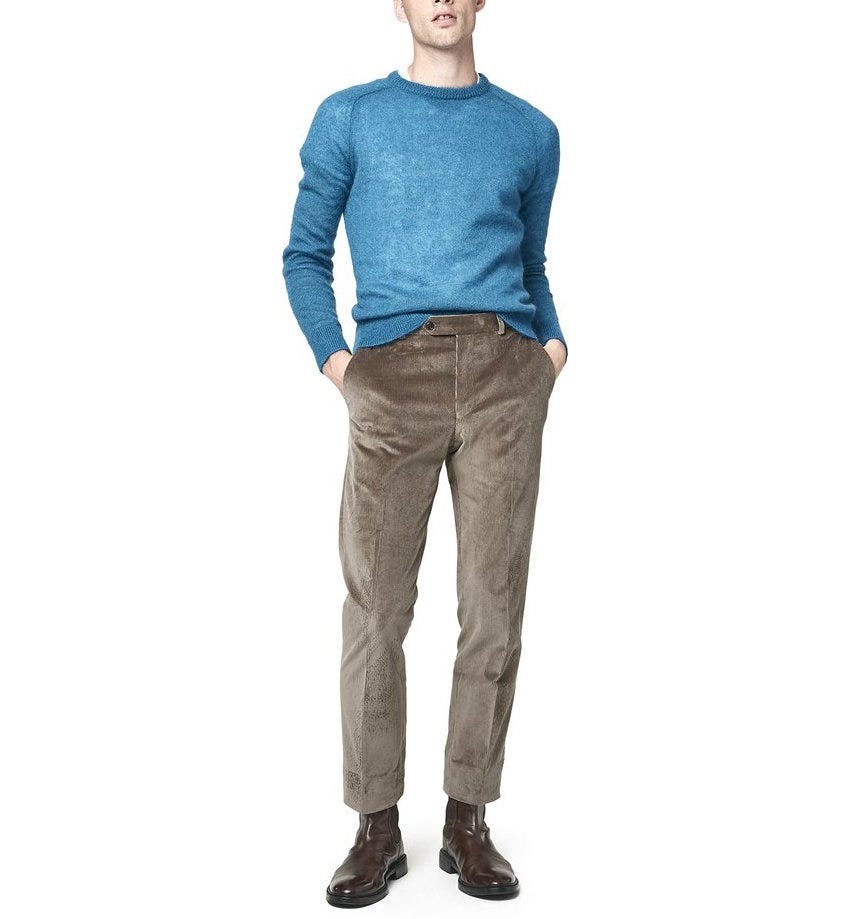 grey knit sweater striped shirt corduroy pants