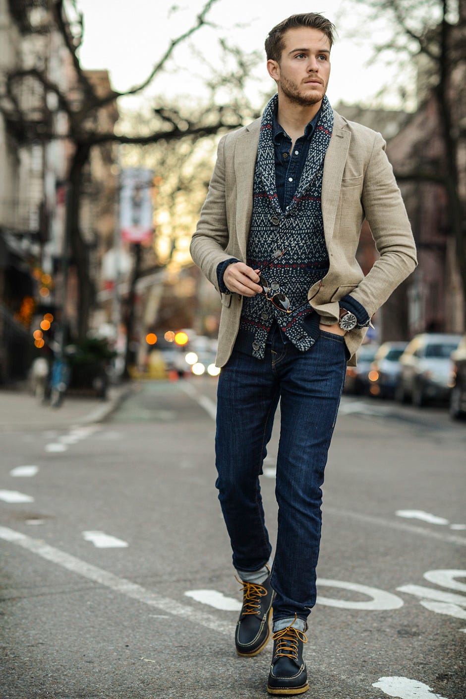 Blue boots mens store outfit