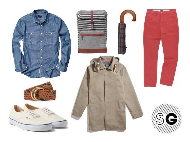 casual workplace, chinos, colored chinos, pop of color, chambray, vans, braided belt, umbrella, back pack