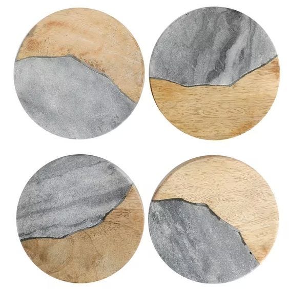 Laurie Gates Mango Wood and Marble Round 4-Piece Coaster Set in Grey
