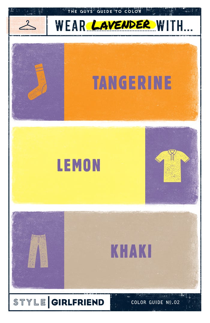 Lavender pairing color guide, three pairings are: lavender with tangerine orange, lavender with lemon yellow, and lavender with khaki