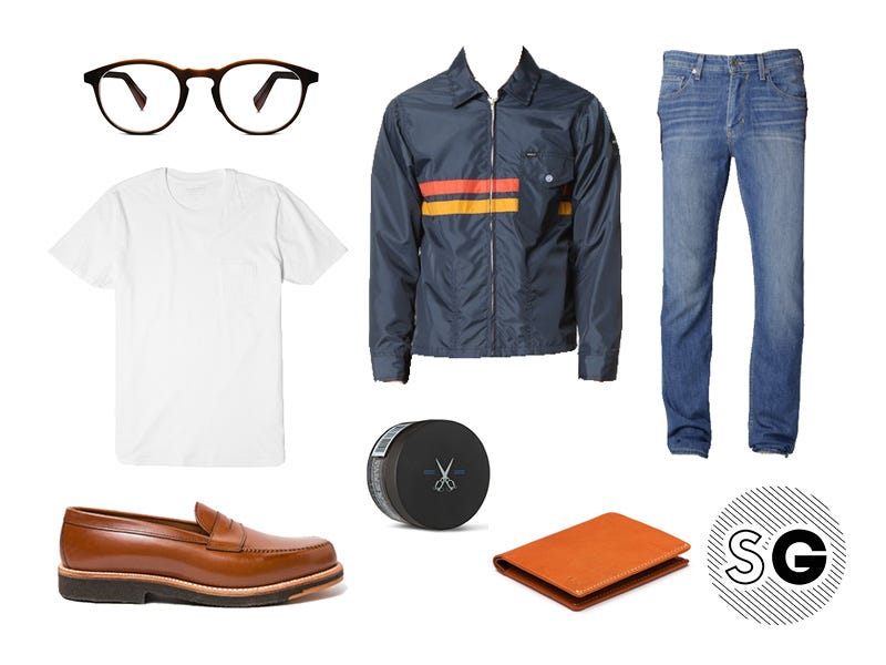 50's, coach jacket, denim, light denim, white tee, penny loafers, blind barber, warby parker