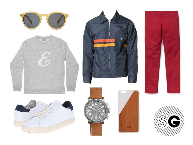 red pants, colorful chinos, sunglasses, 