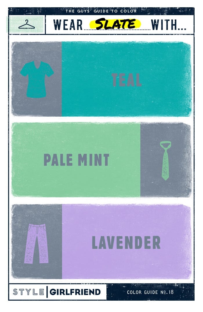 teal, pale mint, lavender, slate gray, grey, color pairing, menswear