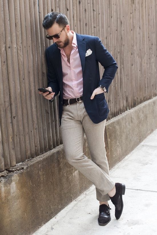 Stylish Pink Pattern Blazer with Navy Pants