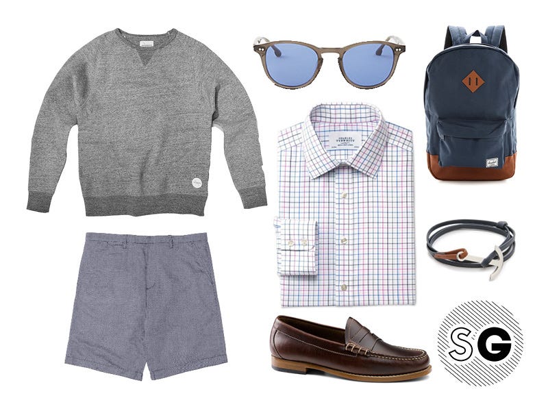 shorts, sweatshirt, check shirt, sunglasses, bass, steven alan, miansai, herschel, saturdays