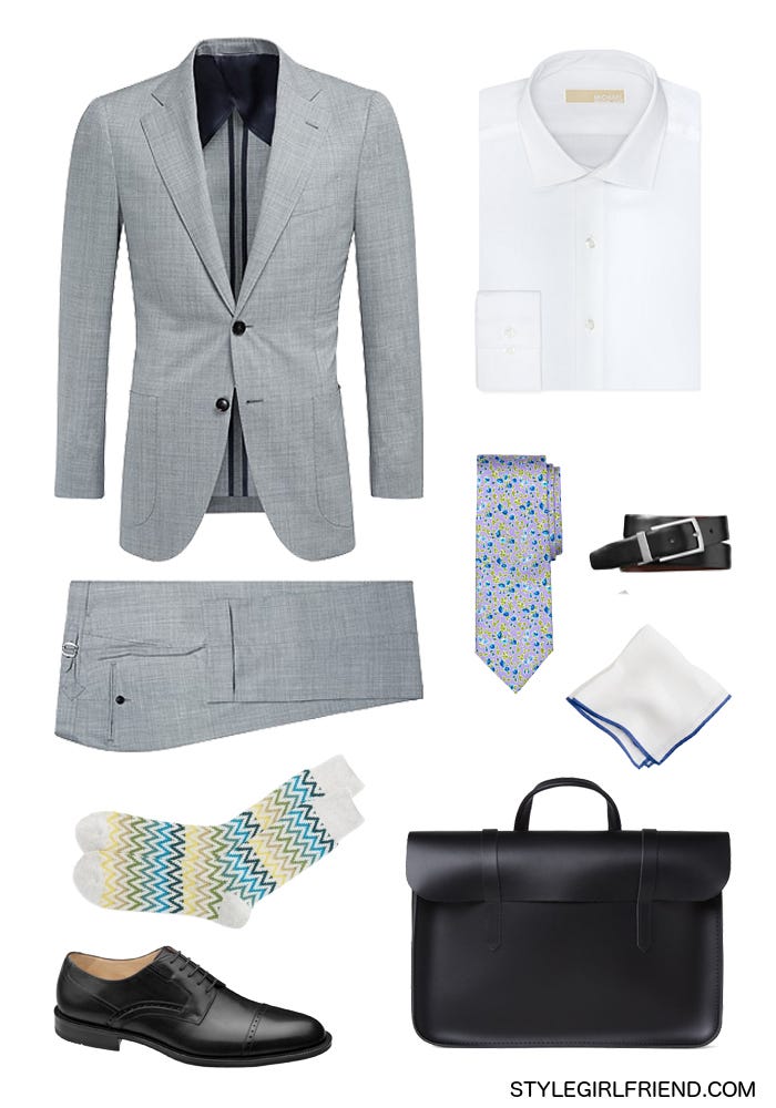 menswear, color pairing, gray, sharkskin gray, lavender, turquoise, navy