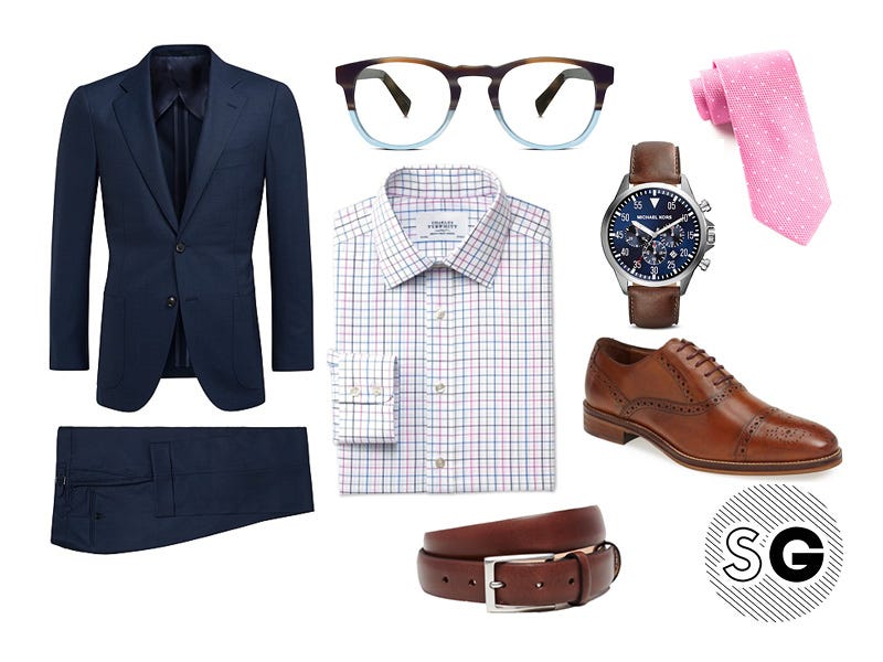 suit, navy, pink tie, watch, check shirt