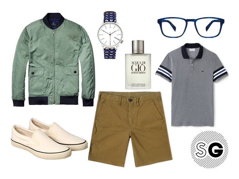 chino shorts, khaki chino shorts, polo, lacoste, reversible, bomber, scotch and soda, komono, warby parker, the hill side, armani