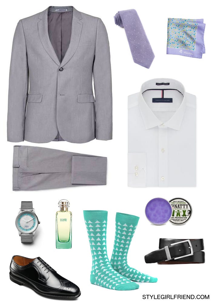 slate gray, gray, suiting, menswear, lavender, mint, aqua, dapper