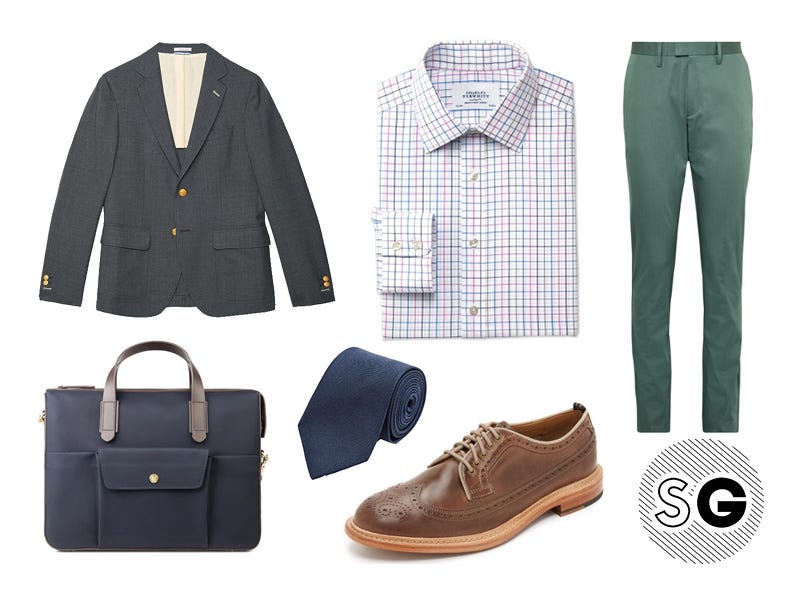 green pants, blazer, check shirt, sportscoat, trousers, hopsack, cole haan, acne