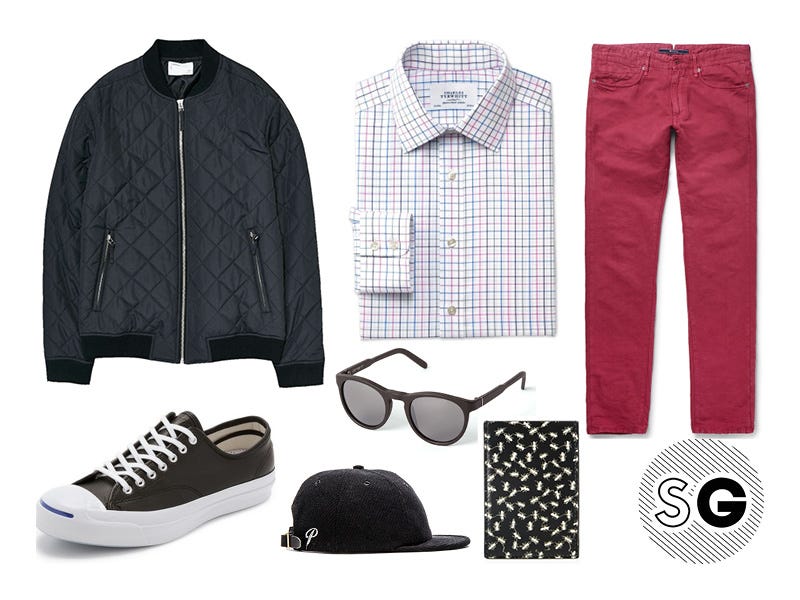 red pants, retrosuperfuture, carhartt wip, check shirt, charles tyrwhitt, paul smith, jack purcell, converse, publish