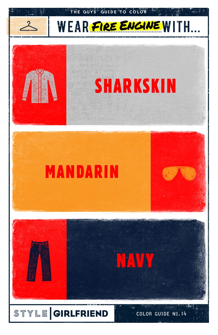 red, gray, navy, orange, color guide, menswear, color pairing, fashion