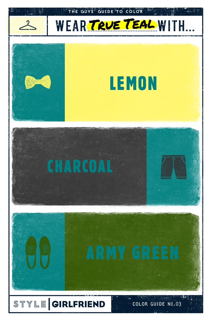 teal, yellow, green, olive, charcoal, gray, menswear, color guide