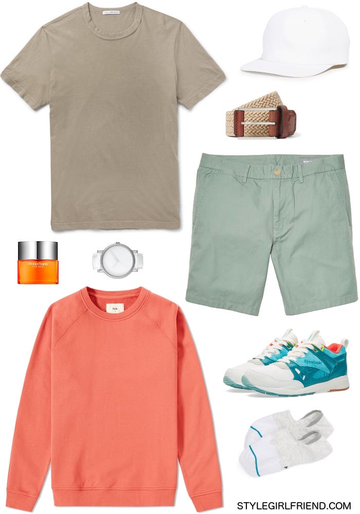 coral, sage, khaki, orange, sneakers, hat