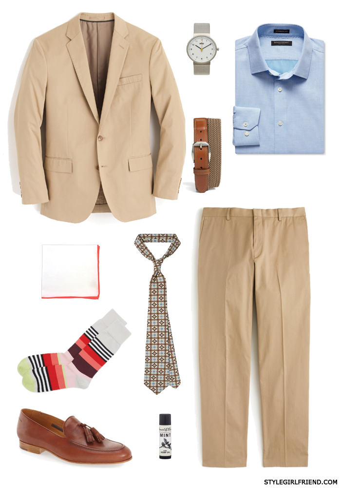 how to wear khaki, khaki suit, khaki pants, summer office wardrobe, summer office style, blue dress shirt
