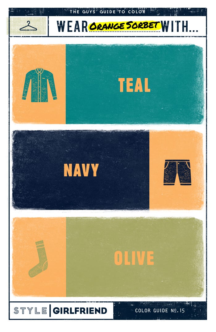 color, orange, orange sorbet, color guide, style essentials, summer style, summer colors, guy's guide to wearing orange sorbet, teal, navy, olive