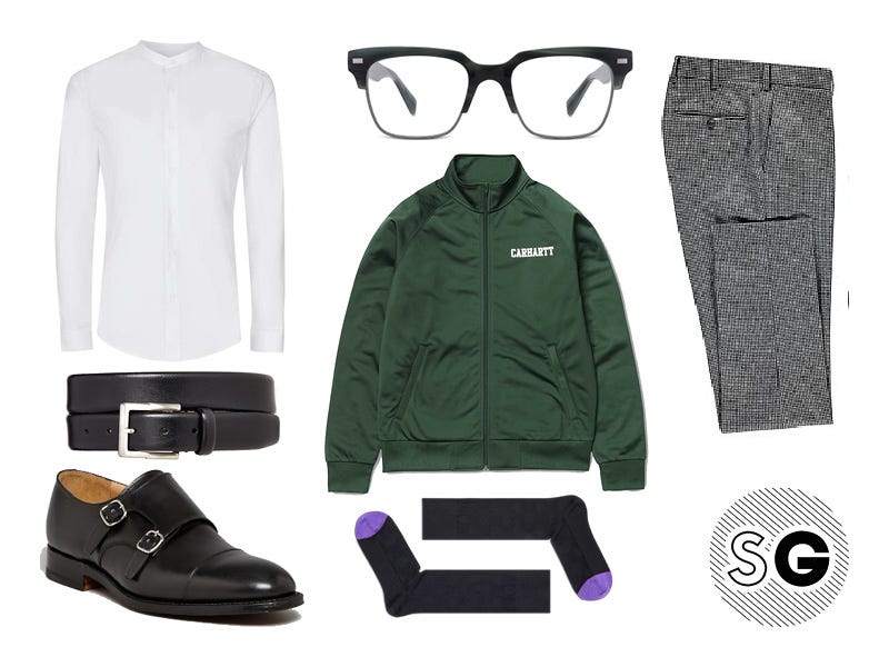 work style, office style, gucci, track jacket, houndstooth, monkstrap, happy socks