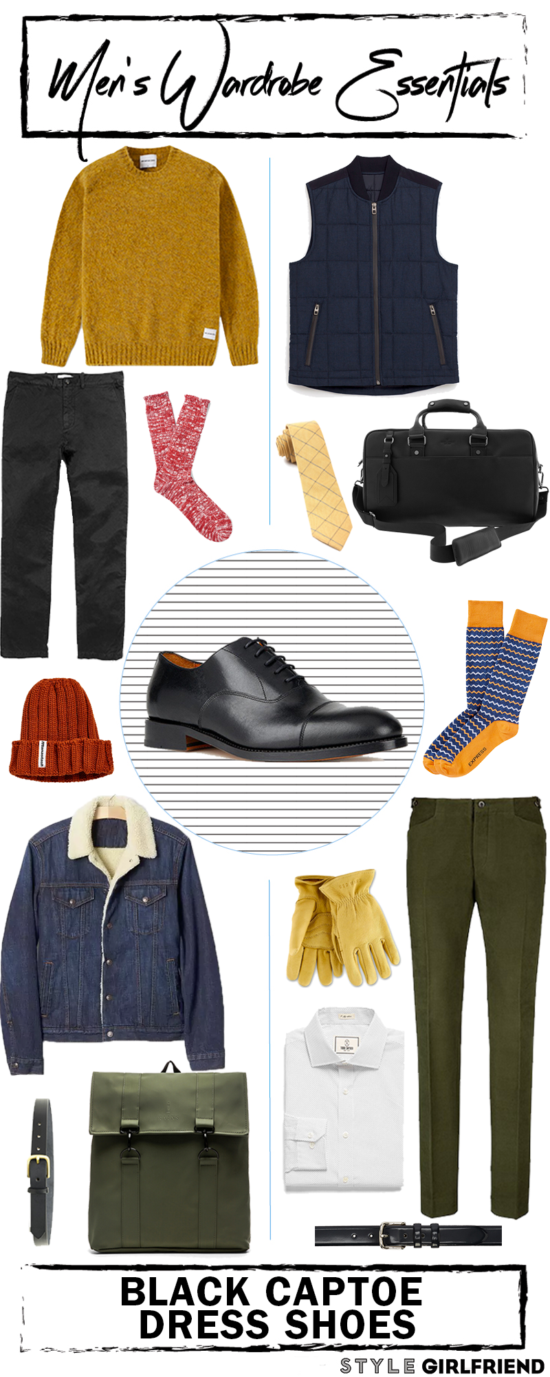 mens wardrobe essentials, menswear laydown, black captoe shoes,