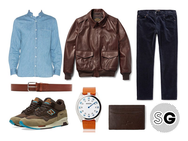 denim shirt, corduroys, leather jacket, pilot jacket, nixon, new balance, frank+oak, gant