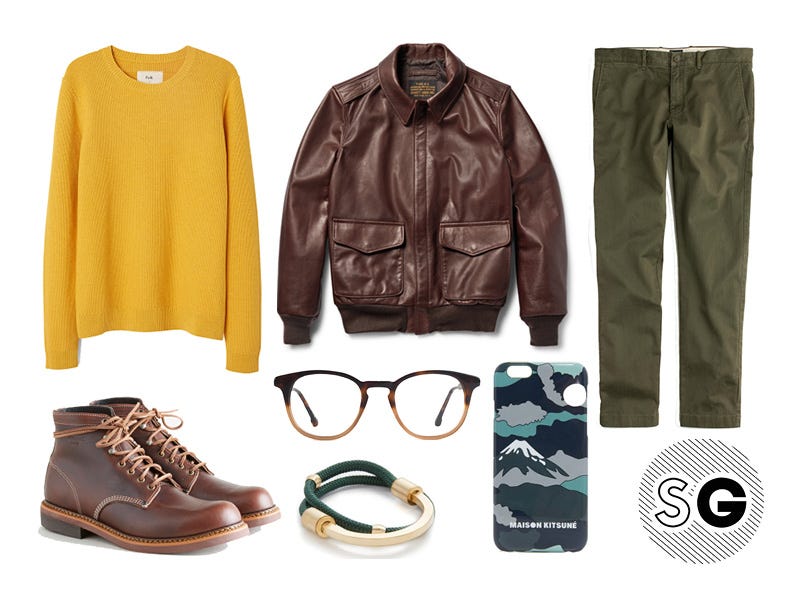 sweater weather, folk, maison kitsune, schott, leather pilot jacket, boots, boot season, steven alan, miansai, jcrew