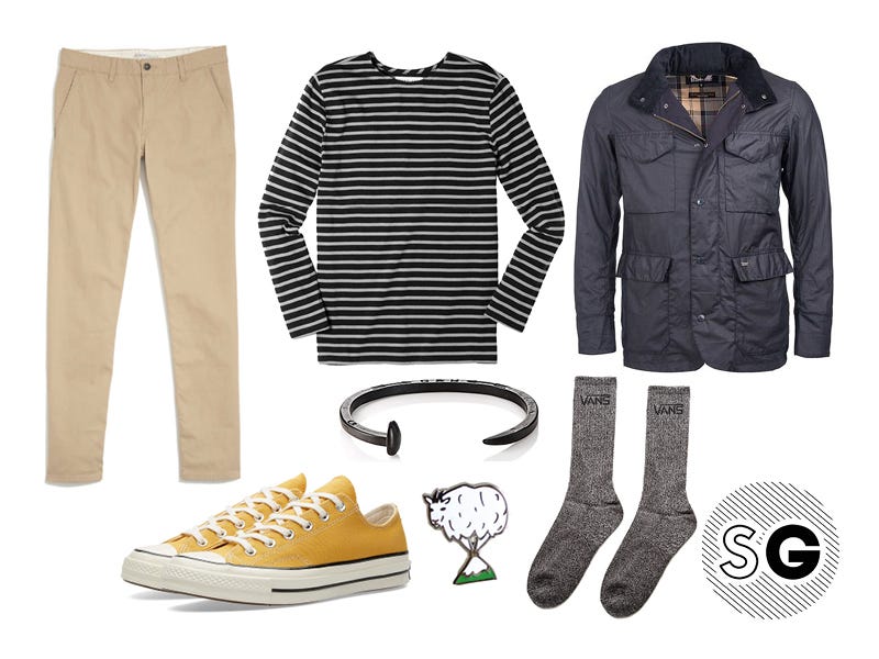 field jacket, waterproof, converse, breton stripe, chinos, pin, giles and brothers, jewelry, socks