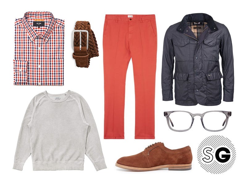 field jacket, colored chinos, layering, office style, bright pants, orange, red, purple, brown suede, warby parker, barbour, saturdays nyc, jack spade, whistles, gant