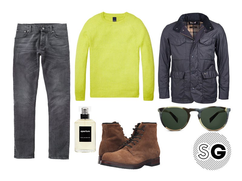 field jacket, waterproof, mohair, sweater, scotch and soda, nudie jeans, frye, warby parker, neon