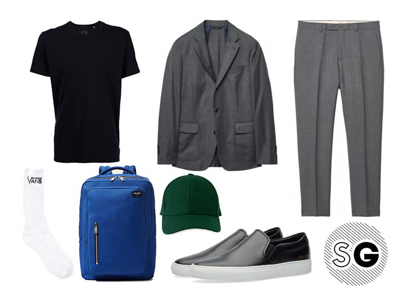 atm, black tee, jack spade, gant, common projects, whistles, vans, suit and tee, suit and cap, casual suit, suit and sneakers
