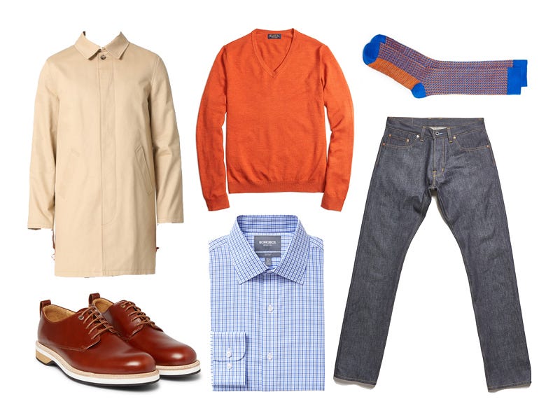 tattersall, complimentary colors, blue and orange, mac jacket, want les essentiels, bonobos, a.p.c., brooks brothers, ace & everett, norman porter