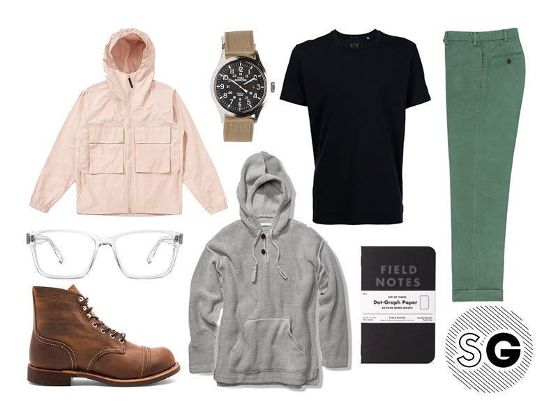 warby parker, red wing, black tee, hoodie, sweater, windbreaker, sid mashburn, timex, field notes, pastels, neutrals, clear glasses