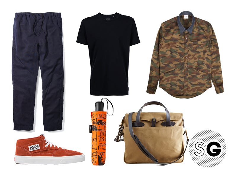 black tee, camo, orange, vans, filson, outerknown, atm, anthony thomas melillo, ps & qs, uniqlo, jean-michel basquiat, sprz ny