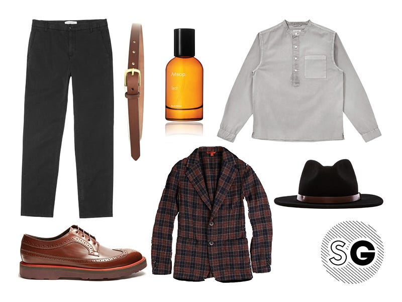 contrast sole shoes, barena, aesop, brixton, saturdays nyc, popover, fedora, maximum henry, plaid jacket, everlane