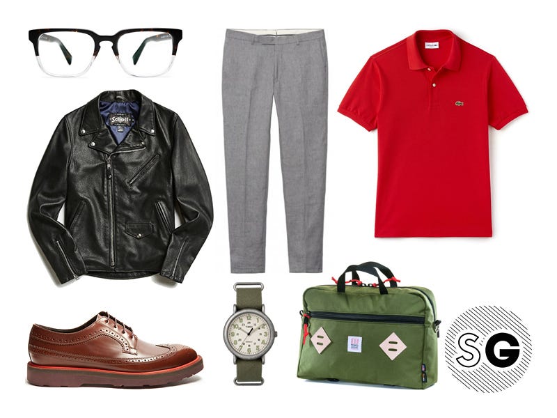 contrast sole shoes, timex, topo designs, schott, lacoste, warby parker, gant rugger, lacoste, paul smith, office style, geek chic, polo, leather jacket