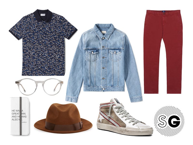 jeff goldblum, printed polo, lacoste, harmony, golden goose, steven alan optical, goorin bros