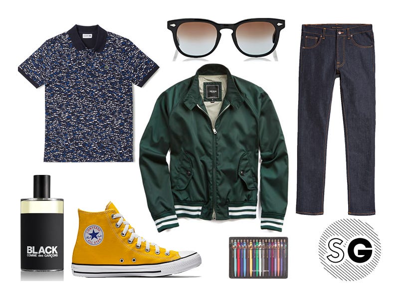 jeff goldblum, printed polo, lacoste, todd snyder, nudie, paul smith, comme des garcons, converse, moscot