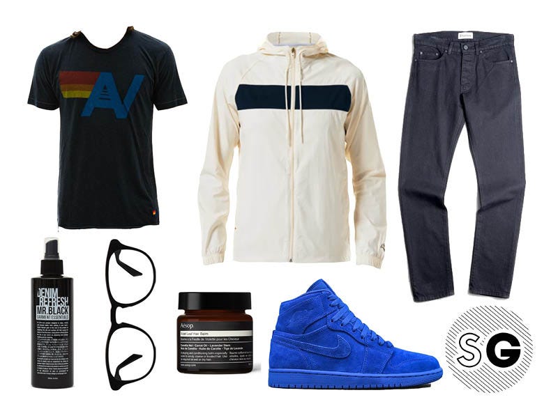 windbreaker, etudes, aviator nation, warby parker, aesop, air jordans, nike, denim refresh, tracksmith