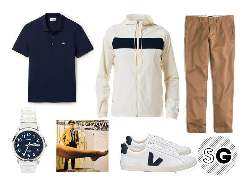 windbreaker, tracksmith, timex, bonobos, the graduate, ben braddock, vejas, lacoste