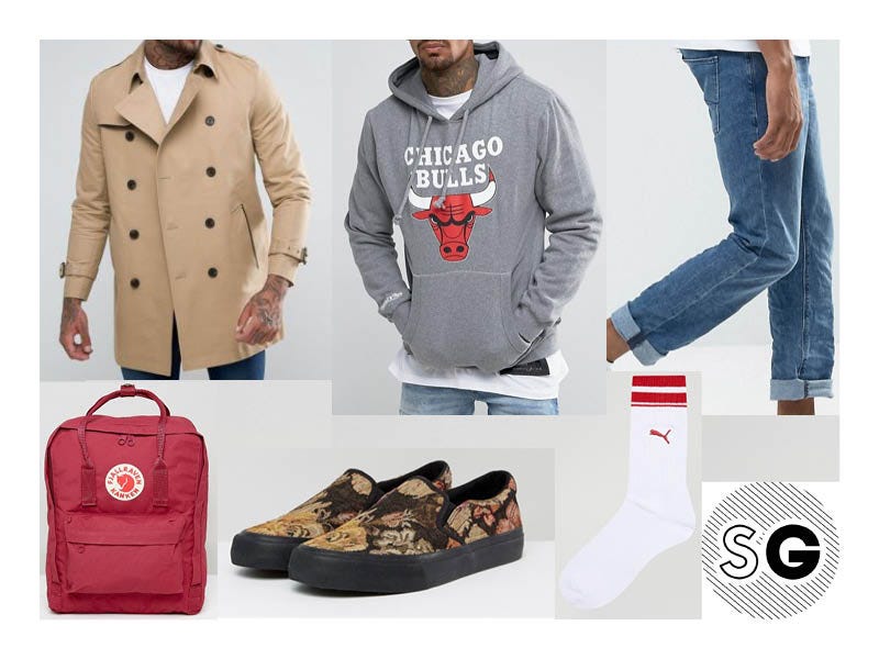 asos, hoodie, trench coat, slip-ons, kraken, college style