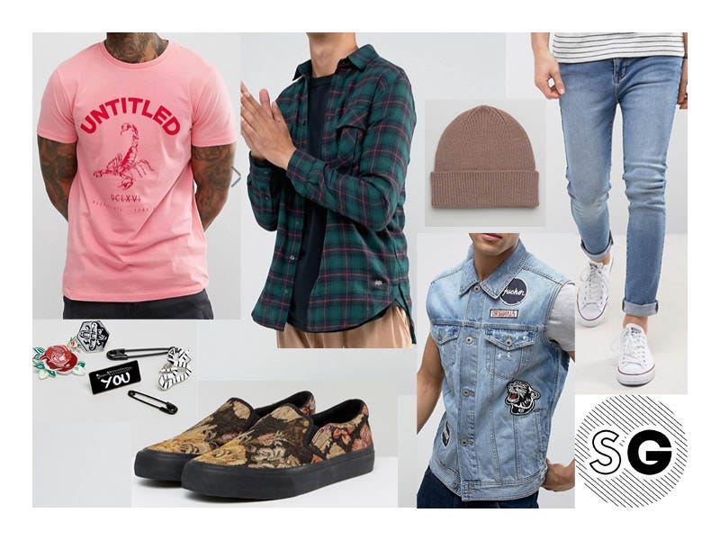 asos, slip-ons, flannel, pins, 90's, graphic tee, stonewash denim