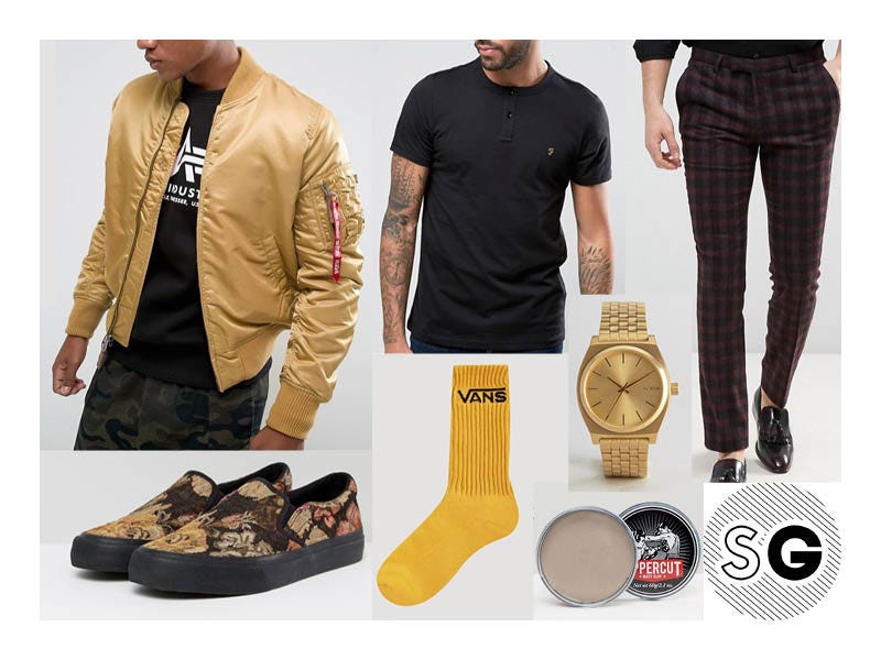 slip-ons, asos, alpha industries, vans, bomber, plaid pants, henley, uppercut