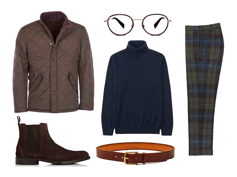 cashmere turtleneck, barbour, sid mashburn, uniqlo, maximum henry, barneys, warby parker, quilted jacket, plaid trousers, chelsea boots