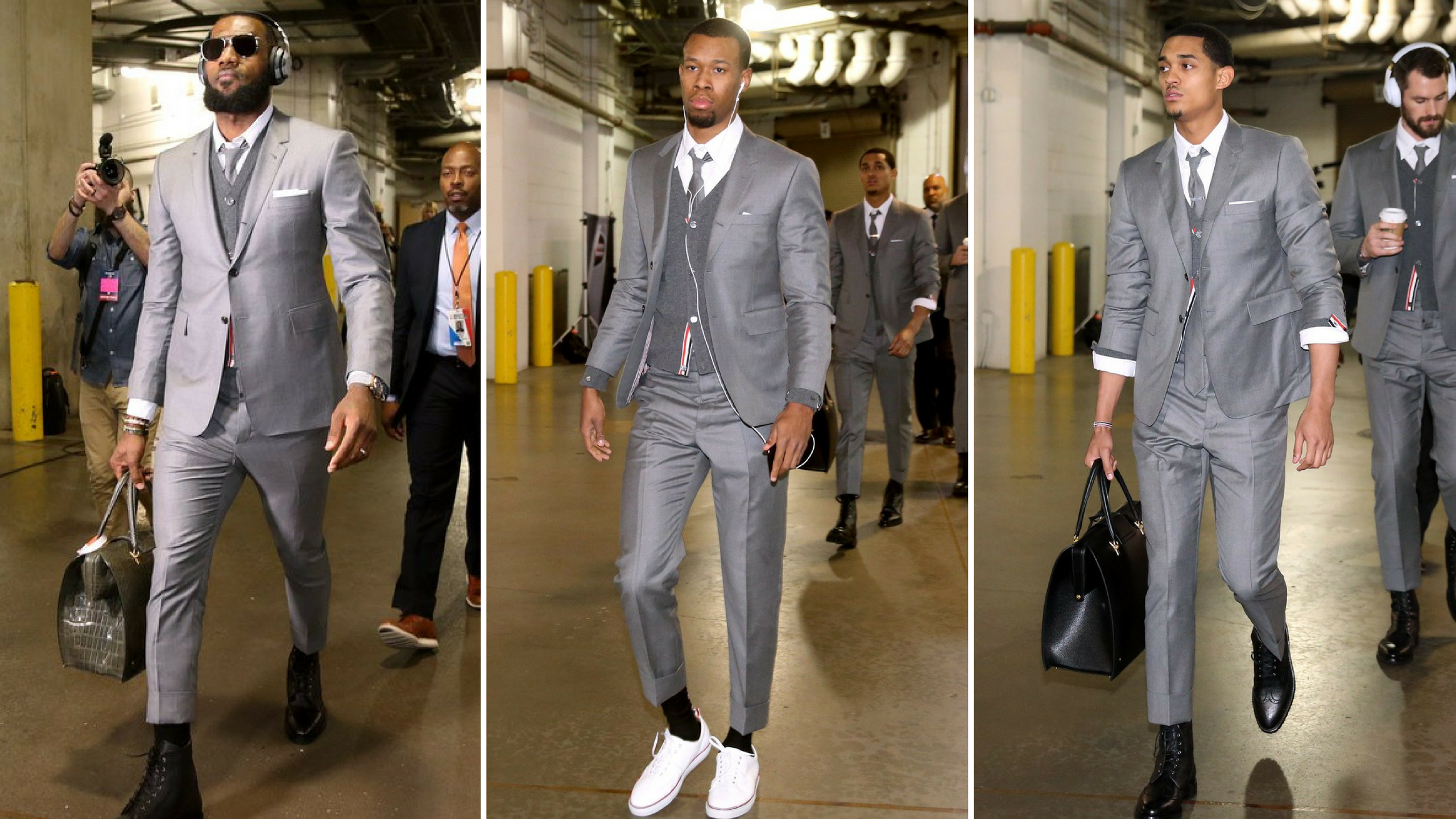lebron james and cavaliers teammates in thom browne suits