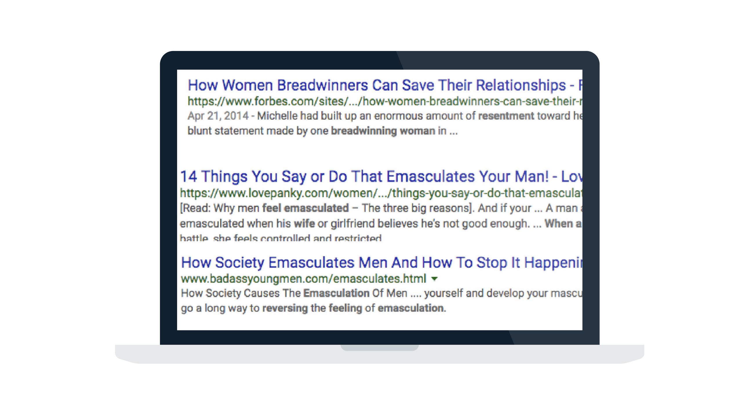 computer with headlines about men feeling emasculated by women