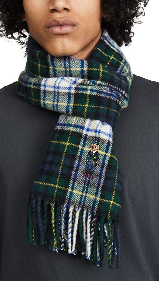 polo ralph lauren bear scarf in green plaid, best scarves for men 2019