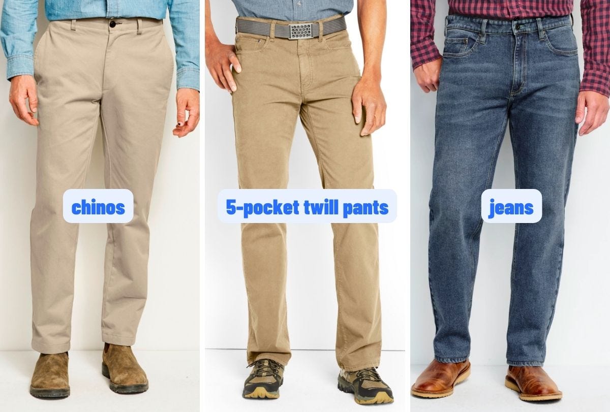 chinos vs 5 pocket twill pants vs jeans